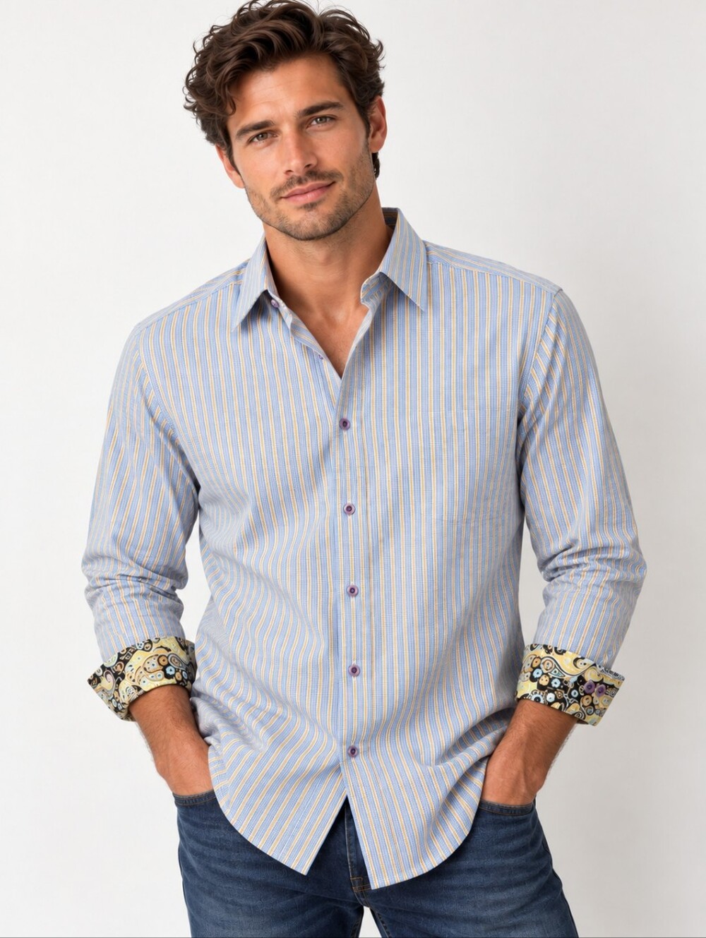 Robert Graham Men's Button Down Shirt Blue Yellow Stripe Flip Cuff Cotton Large